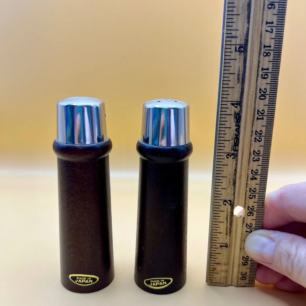 Vintage MCM Dark Wood Chrome Salt & Pepper Shakers Set Made in Japan Retro